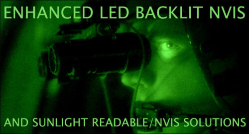 Enhanced LED Backlit NVIS and Sunlight Readable/NVIS Solutions graphic with soldier wearing NVIS goggles